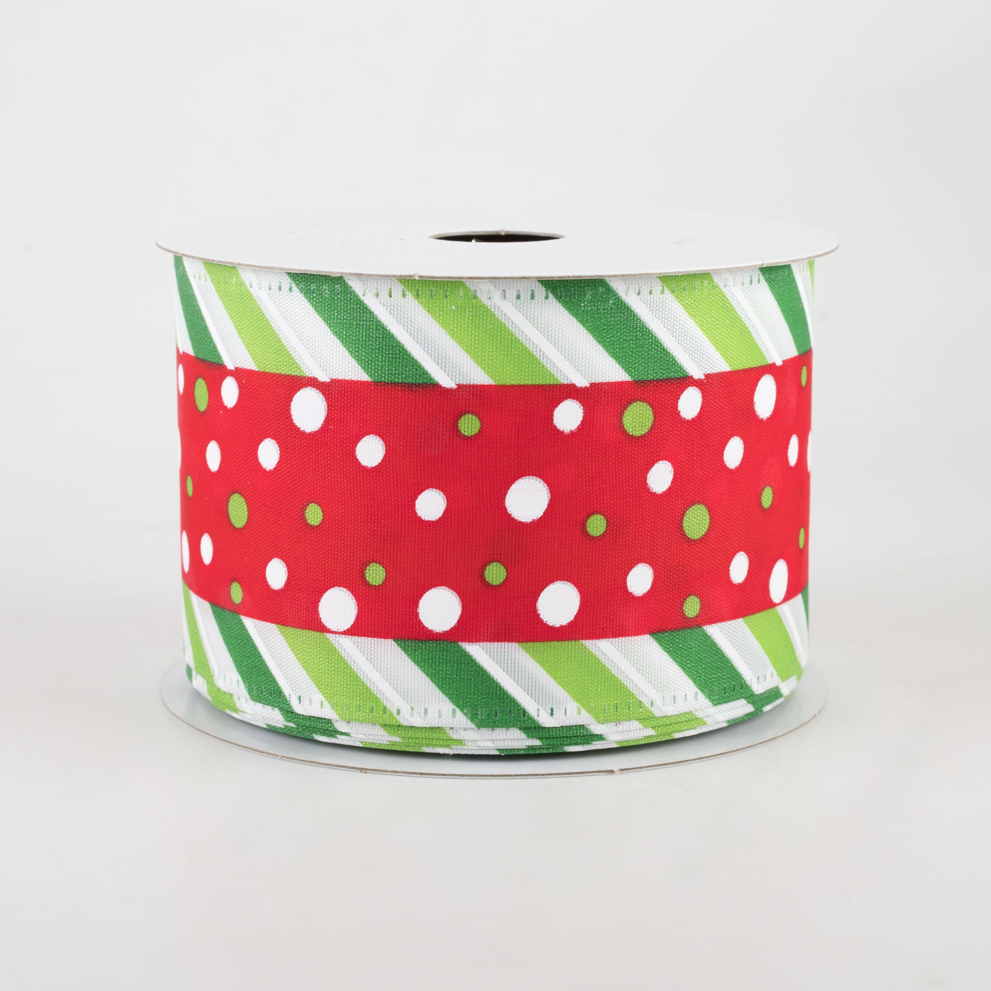 2.5" Dots With Green & White Striped Edge Ribbon: Red (10 Yards)