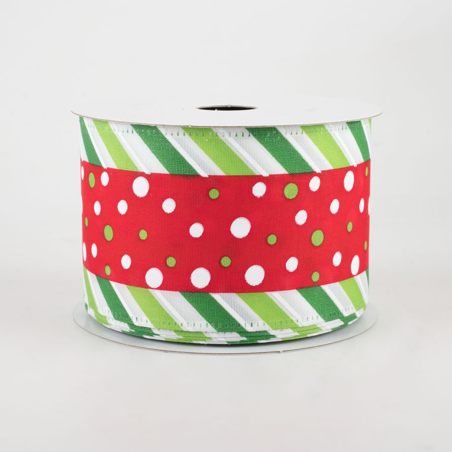 2.5" Dots With Green & White Striped Edge Ribbon: Red (10 Yards)