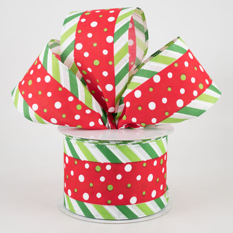 2.5" Dots With Green & White Striped Edge Ribbon: Red (10 Yards)