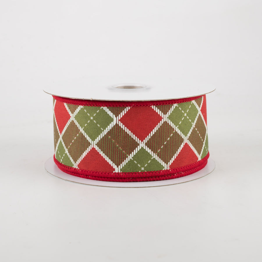 1.5" Diagonal Bonnie Check Ribbon: Moss & Red (10 Yards)