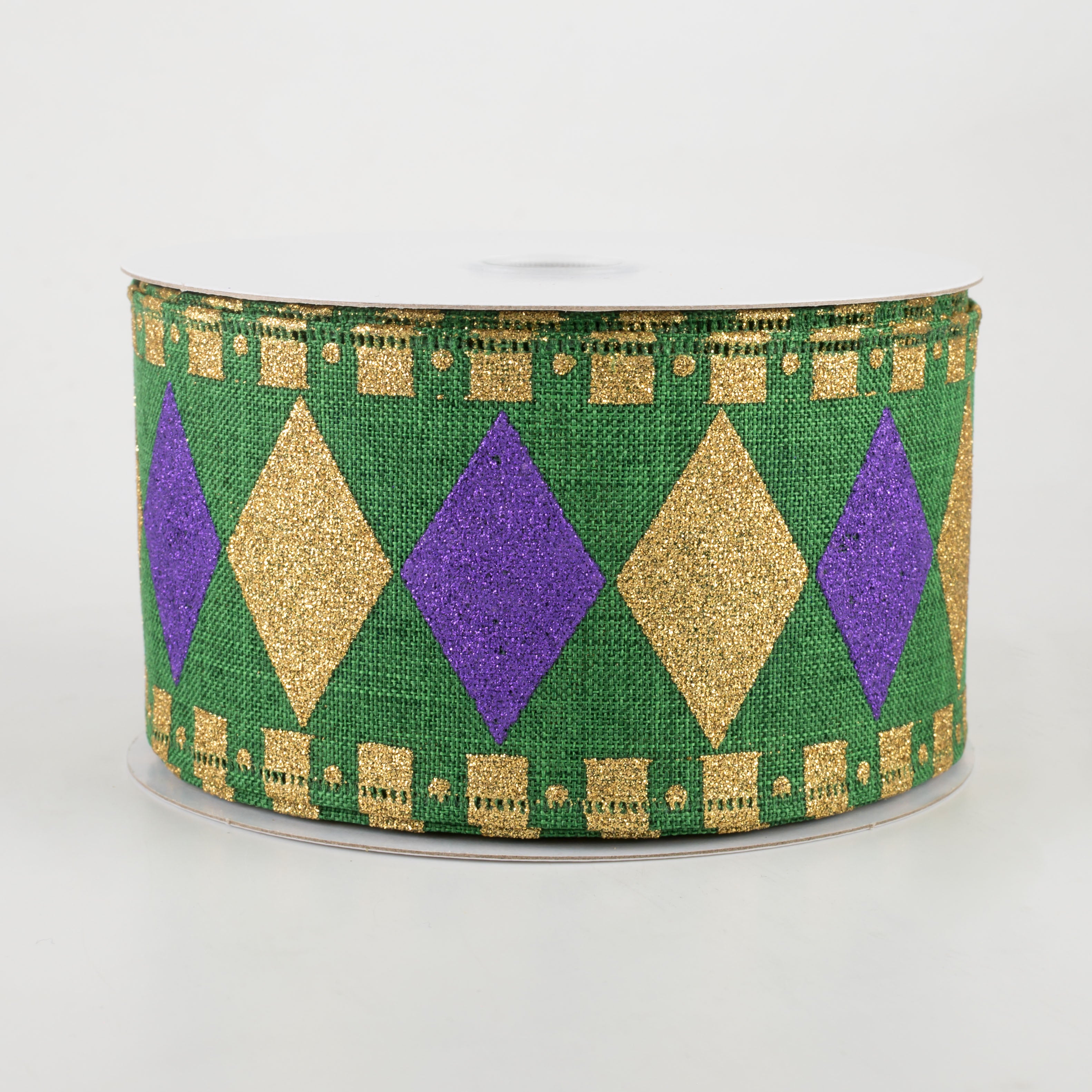 2.5" Harlequin Fun Diamond Ribbon: Emerald, Gold, Purple (10 Yards)