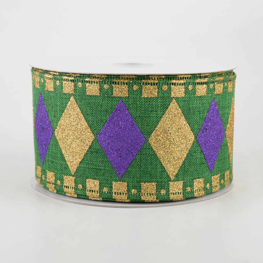 2.5" Harlequin Fun Diamond Ribbon: Emerald, Gold, Purple (10 Yards)