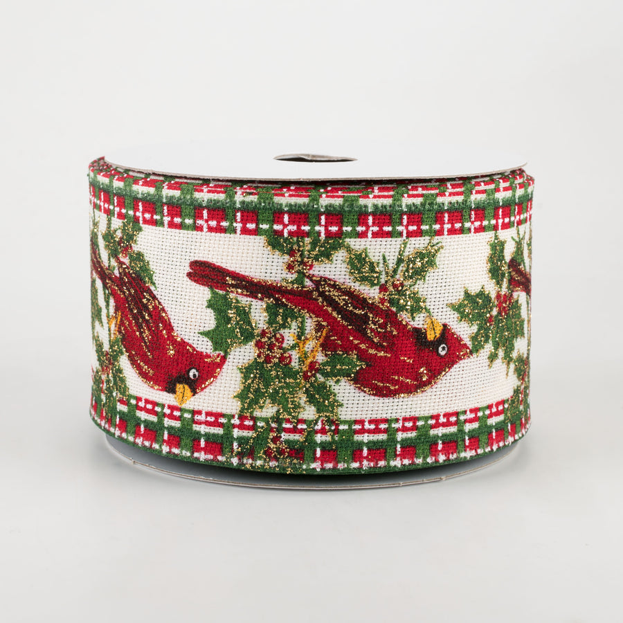 2.5" Cardinal Plaid Edge Ribbon: Ivory (10 Yards)