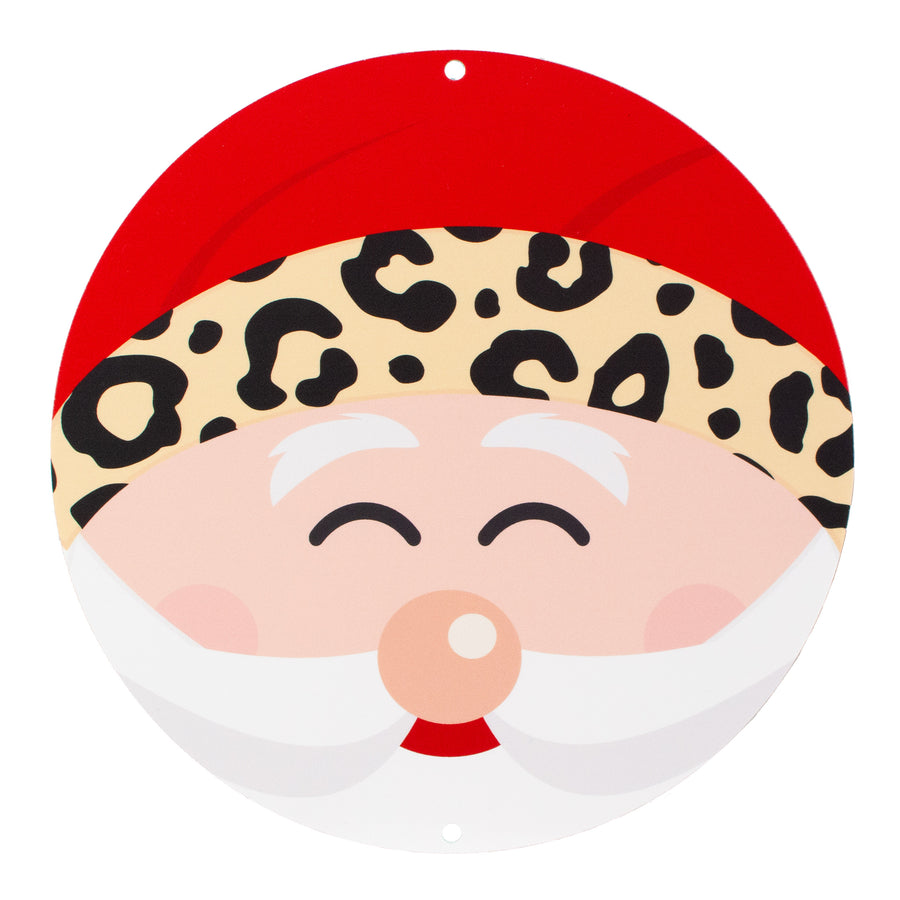 9.4" Round Waterproof Sign: Happy Santa with Cheetah Print