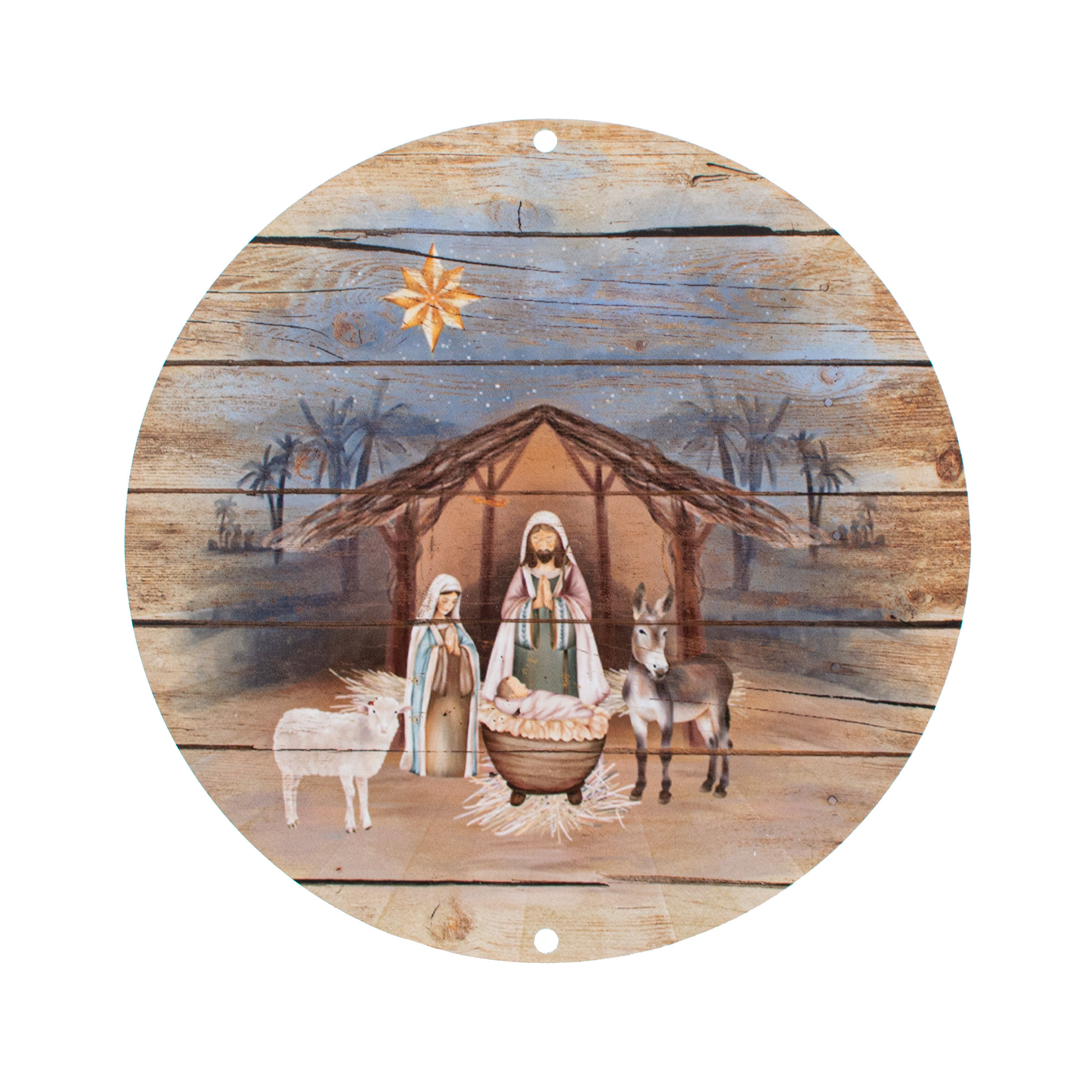 8.5" Round Waterproof Sign: Rustic Manger Nativity