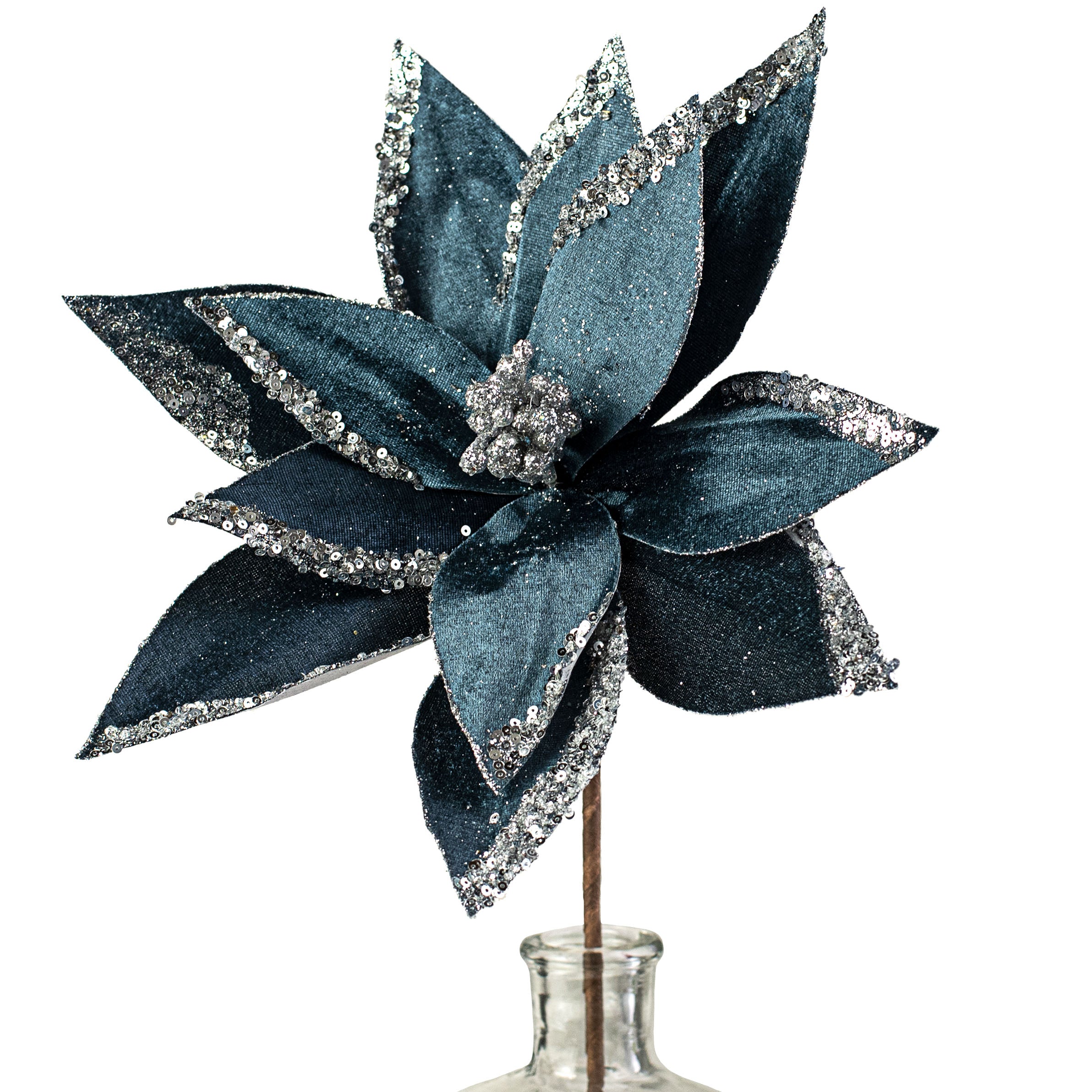 22" Velvet Glitter Poinsettia Stem: Blue