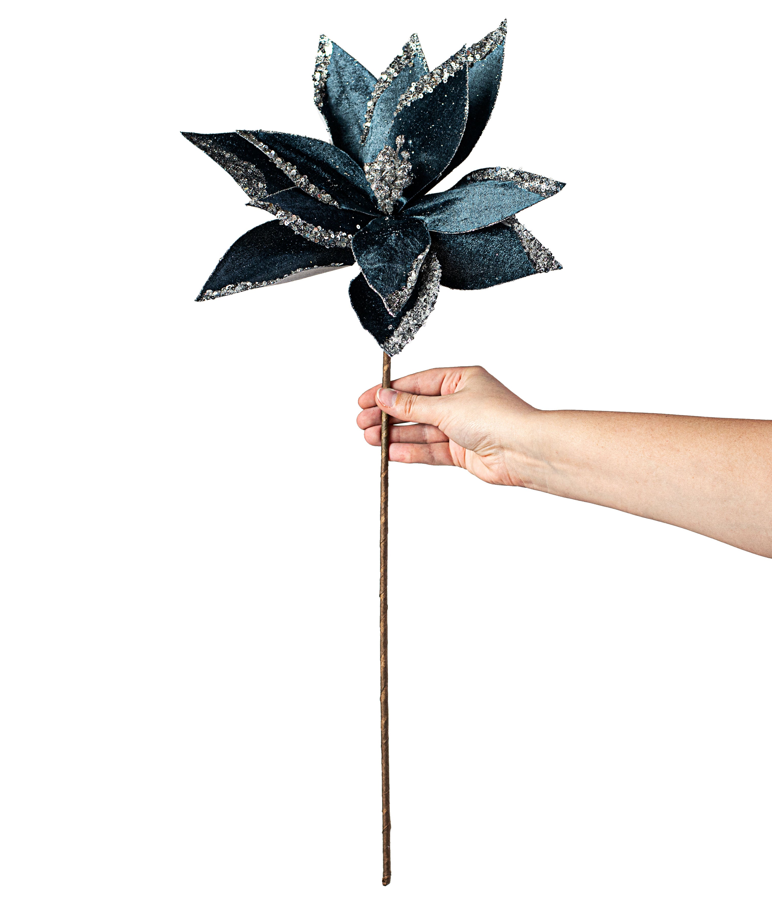 22" Velvet Glitter Poinsettia Stem: Blue