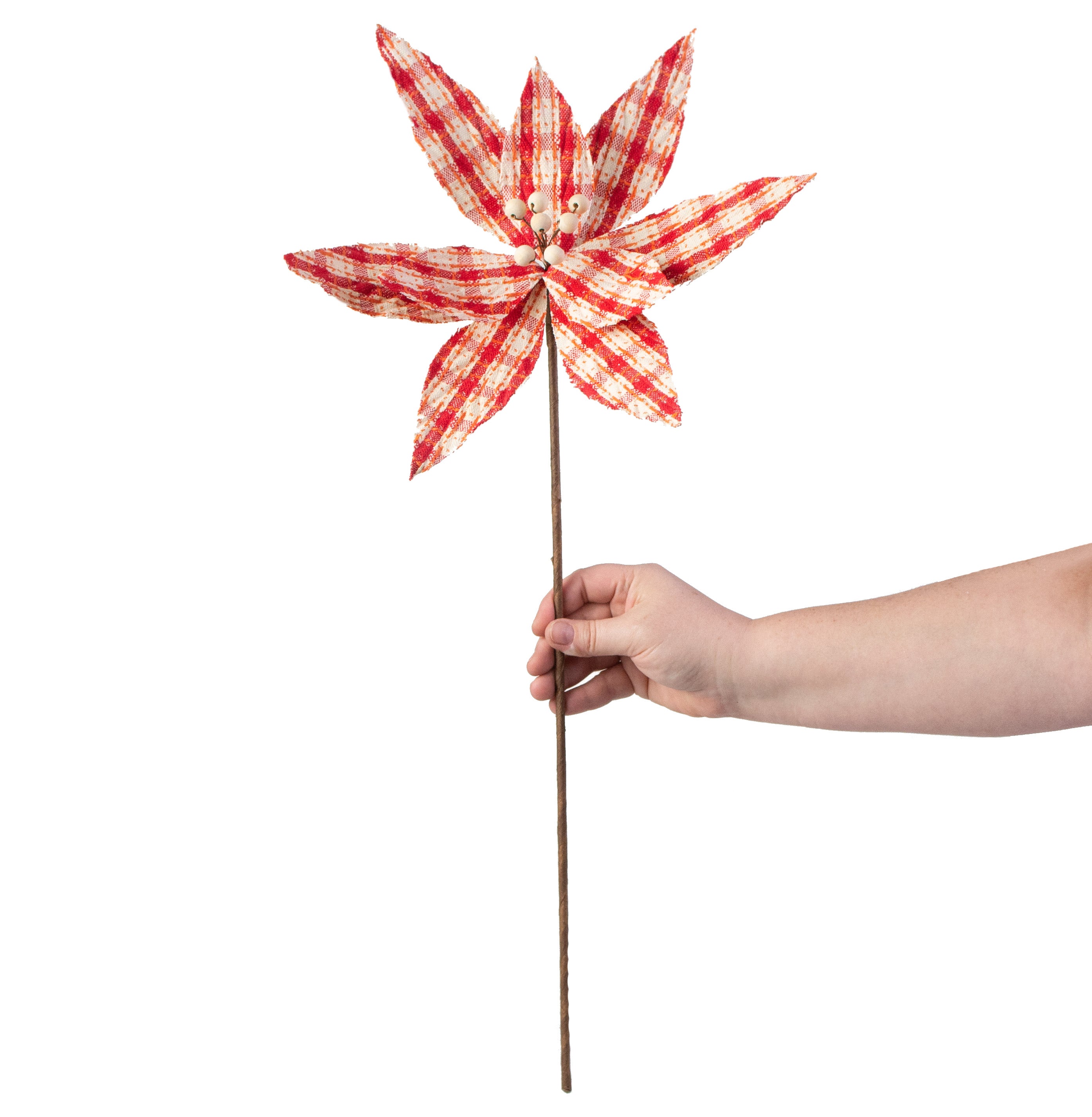 22" Check Poinsettia Stem: Red & Natural