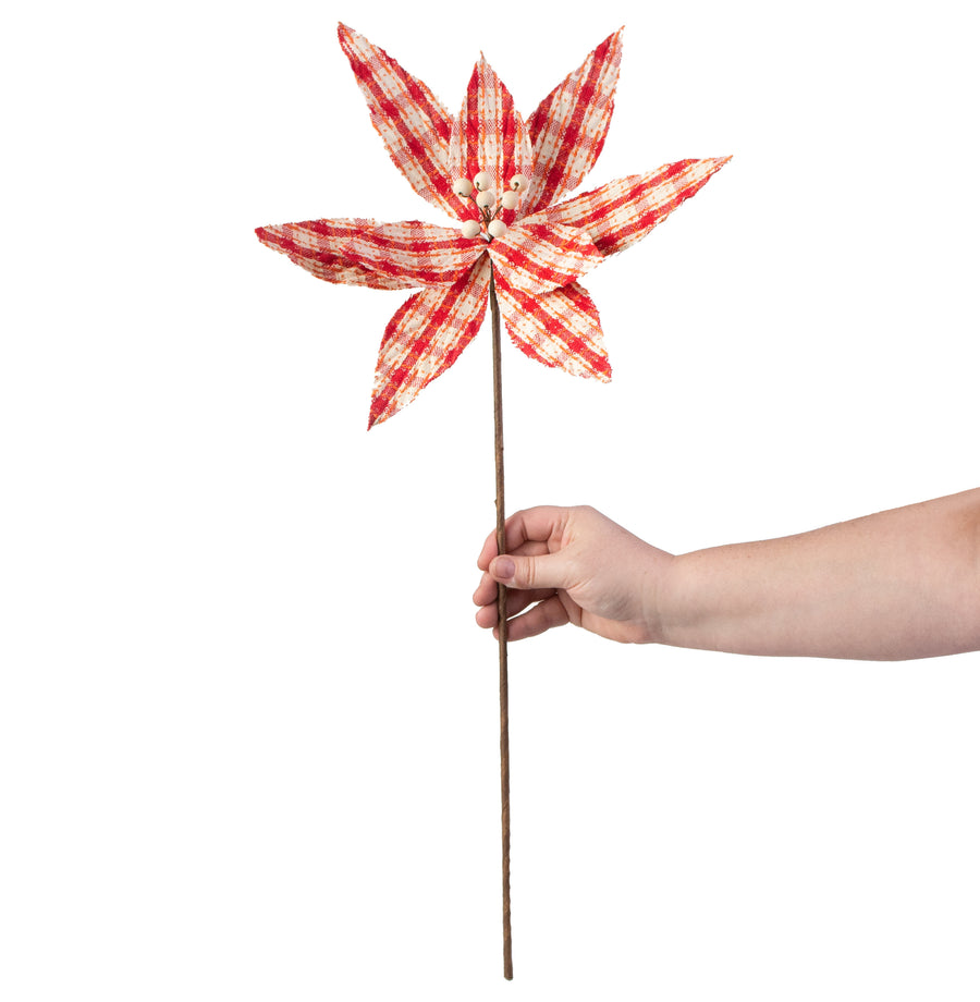 22" Check Poinsettia Stem: Red & Natural