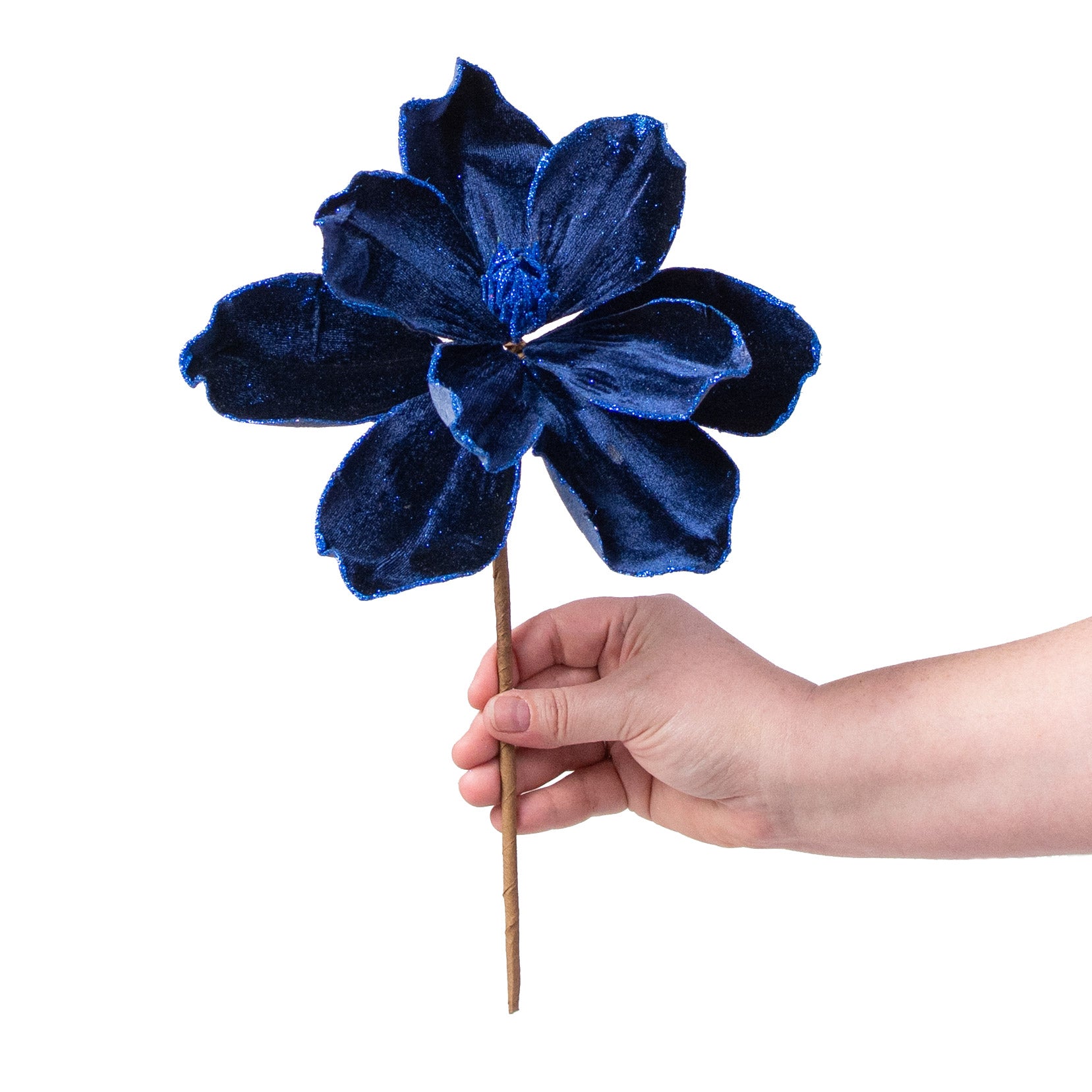 10" Velvet & Glitter Magnolia Spray: Navy Blue