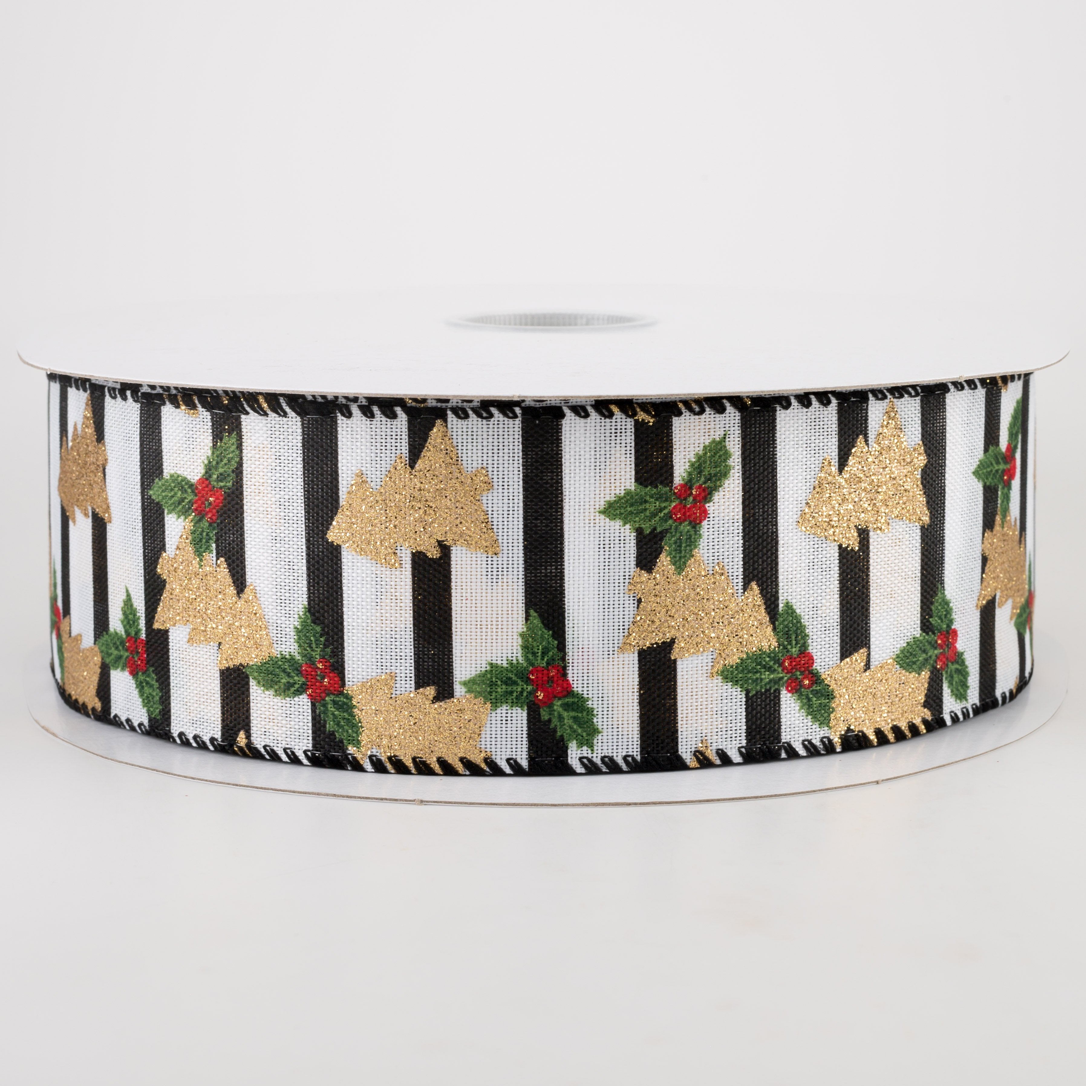 2.5" Gold Glitter Christmas Tree On Stripe Ribbon (50 Yards)