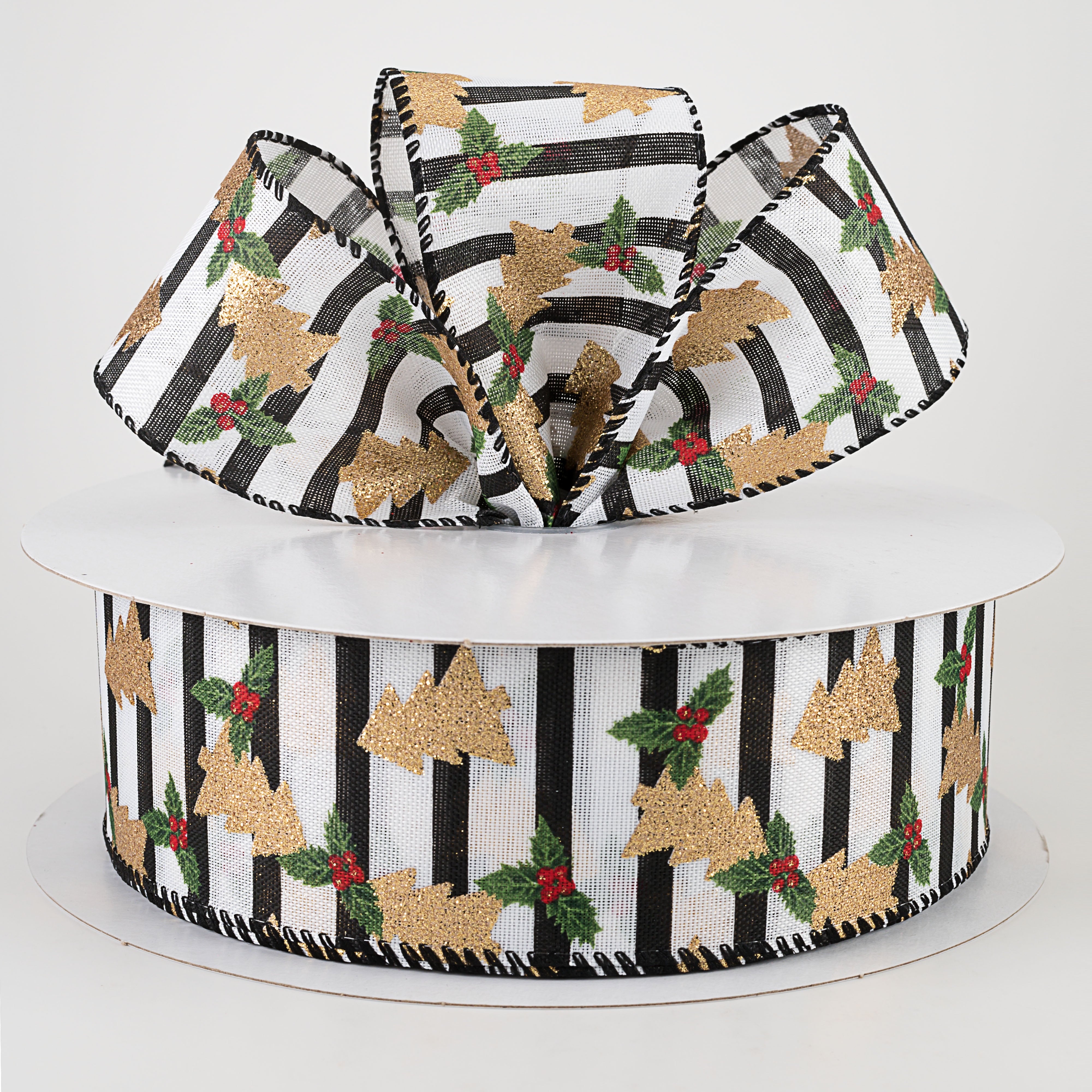 2.5" Gold Glitter Christmas Tree On Stripe Ribbon (50 Yards)