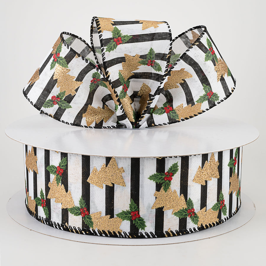 2.5" Gold Glitter Christmas Tree On Stripe Ribbon (50 Yards)