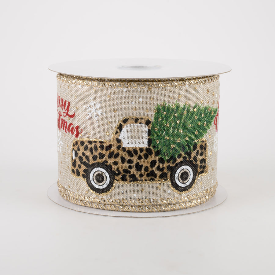 2.5" Natural Linen Cheetah Christmas Truck Ribbon (10 Yards)