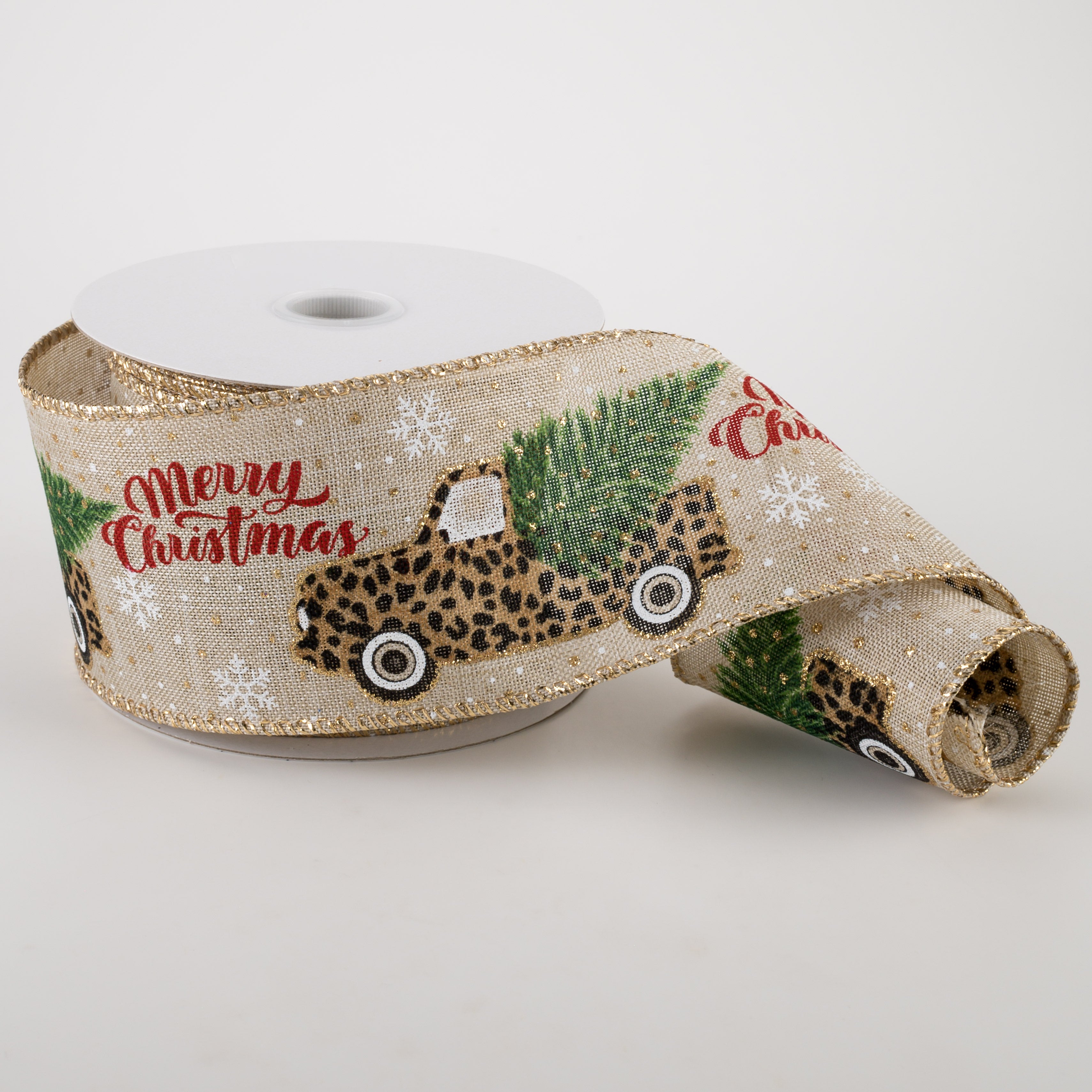 2.5" Natural Linen Cheetah Christmas Truck Ribbon (10 Yards)