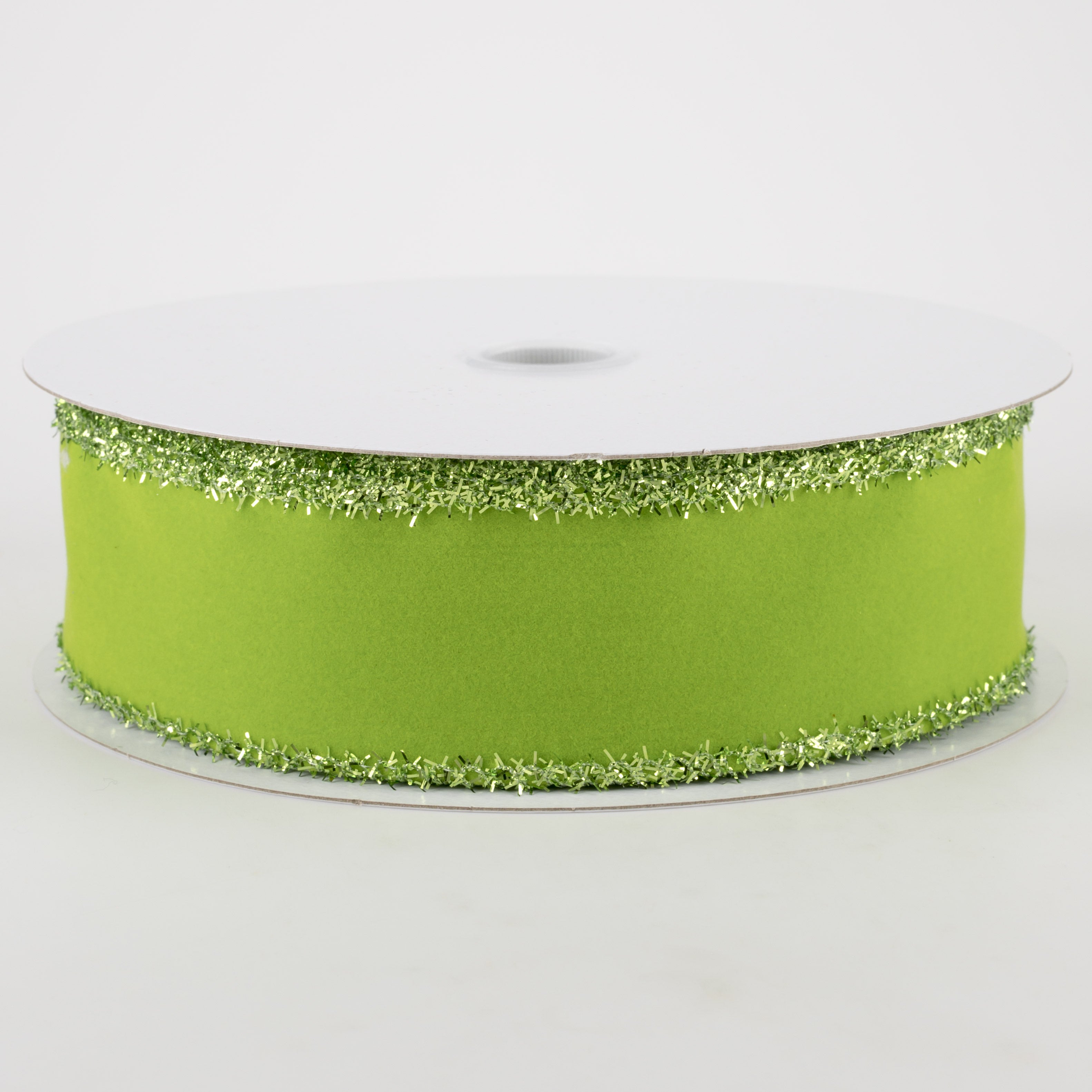 1.5" Lime Velvet Green Tinsel Edge Ribbon (10 Yards)