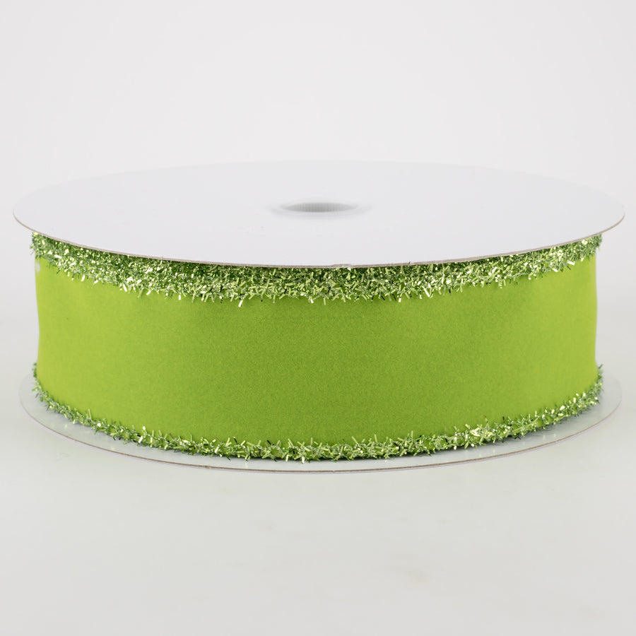 1.5" Lime Velvet Green Tinsel Edge Ribbon (10 Yards)
