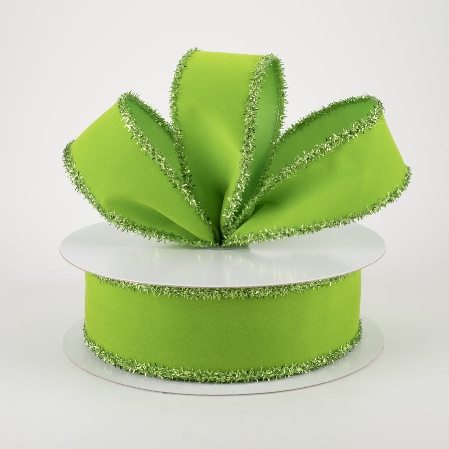 1.5" Lime Velvet Green Tinsel Edge Ribbon (10 Yards)