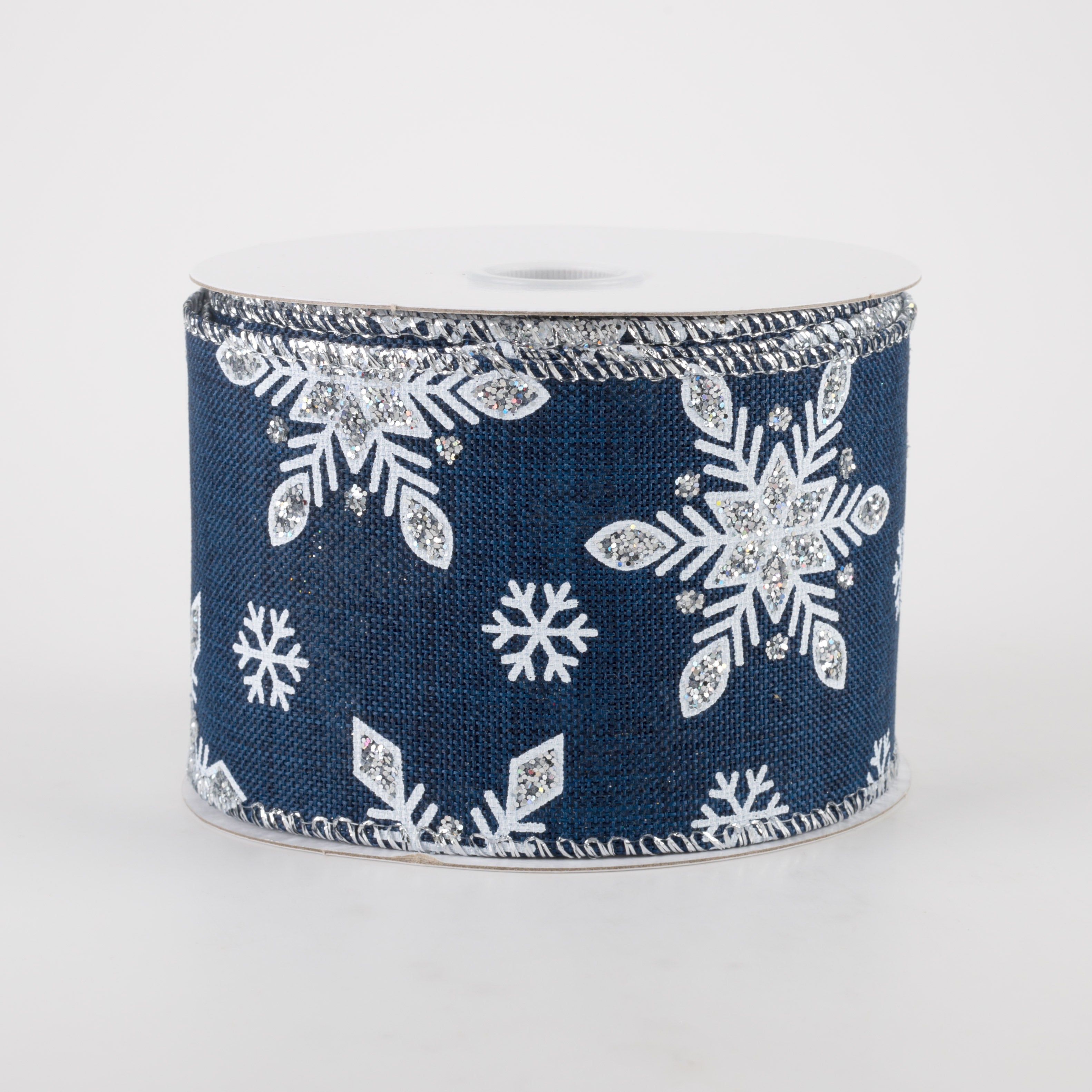 2.5" Navy Linen Silver Snowflake Ribbon (10 Yards)