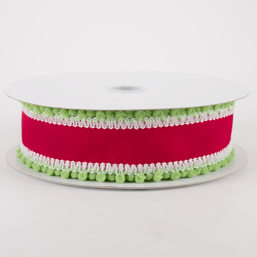 1.5" Red Velvet with Green Ball Edge Ribbon (10 Yards)
