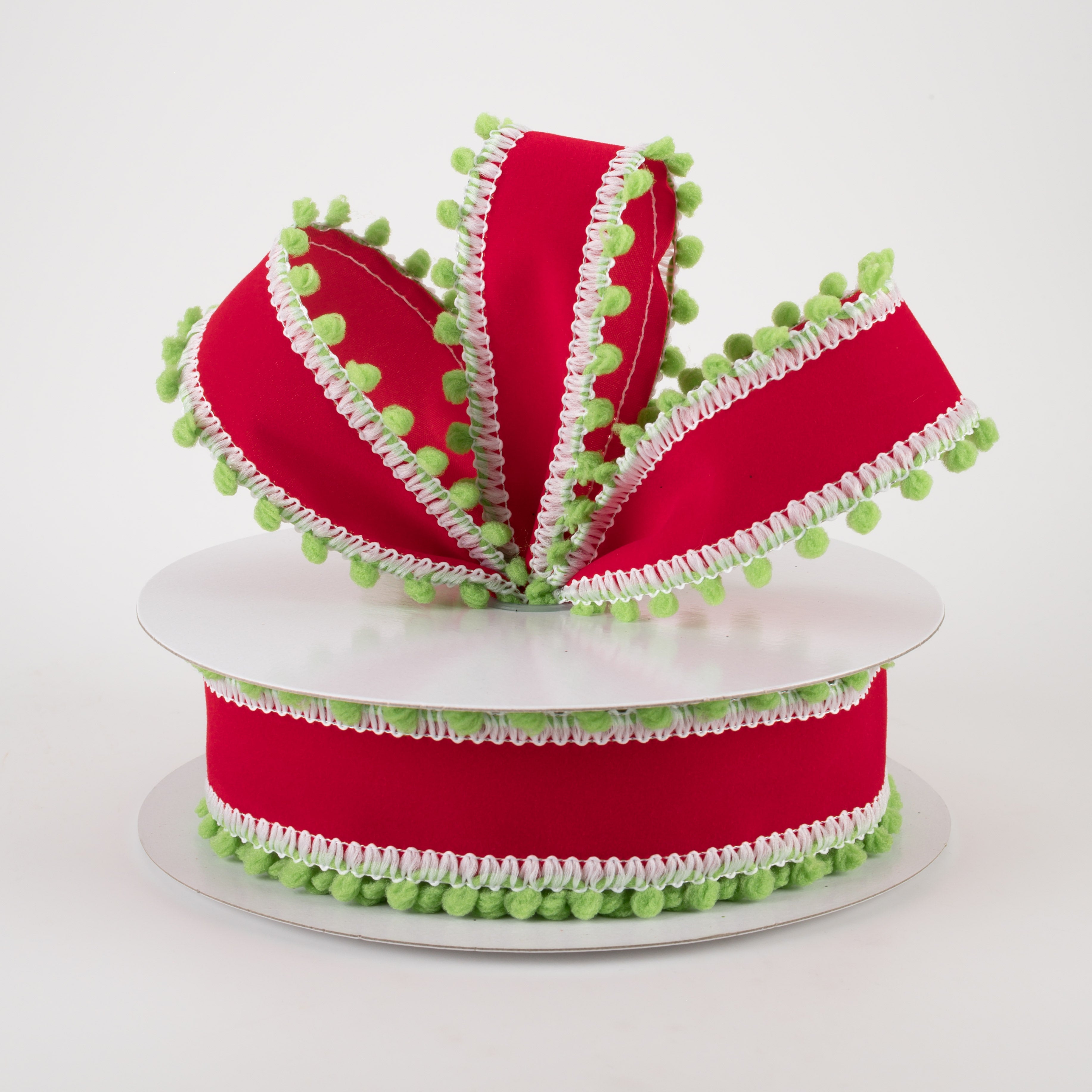 1.5" Red Velvet with Green Ball Edge Ribbon (10 Yards)