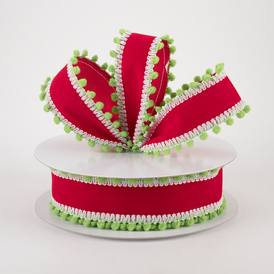 1.5" Red Velvet with Green Ball Edge Ribbon (10 Yards)