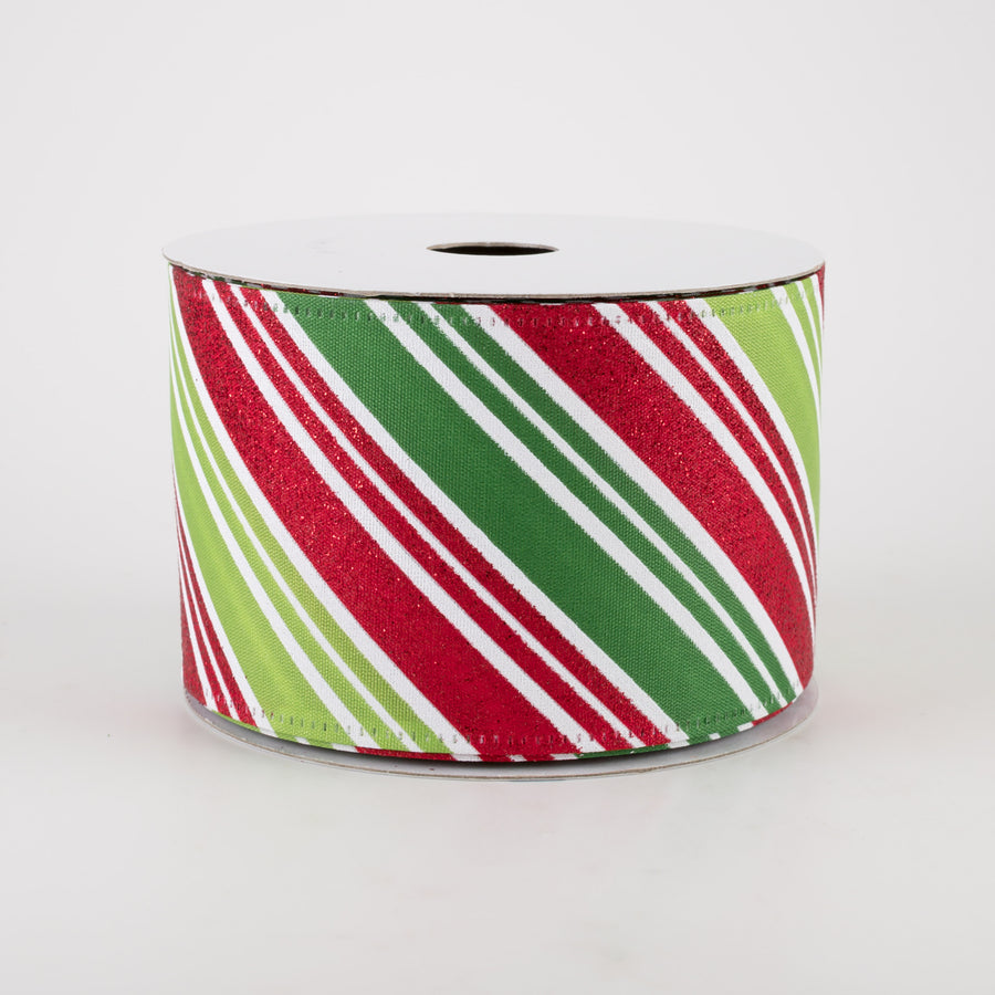 2.5" Glitter Candy Cane Stripes Ribbon: Emerald, Lime, Red (10 Yards)