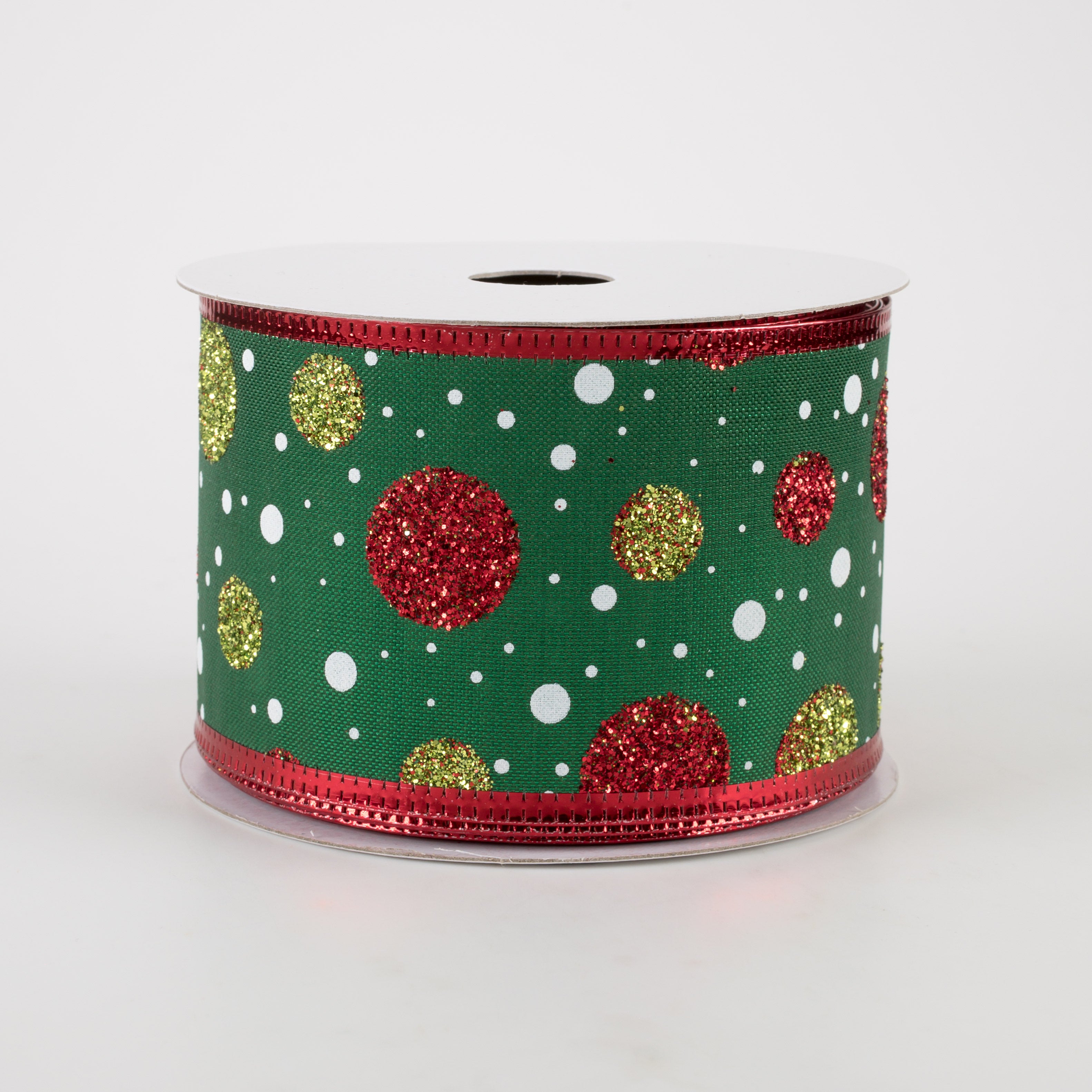 2.5" Emerald Lamé Glitter Dot Ribbon: Lime, Red, White (10 Yards)