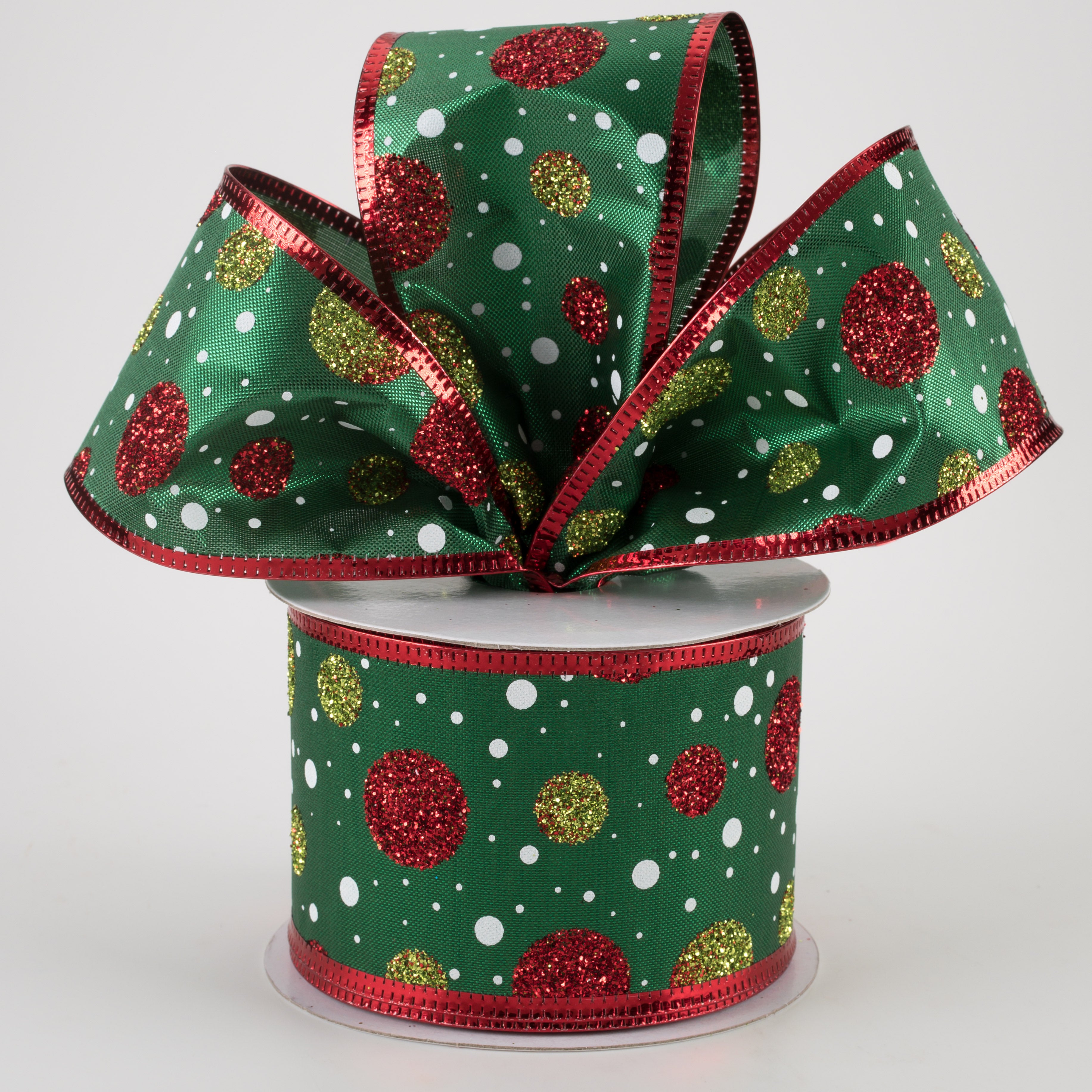 2.5" Emerald Lamé Glitter Dot Ribbon: Lime, Red, White (10 Yards)