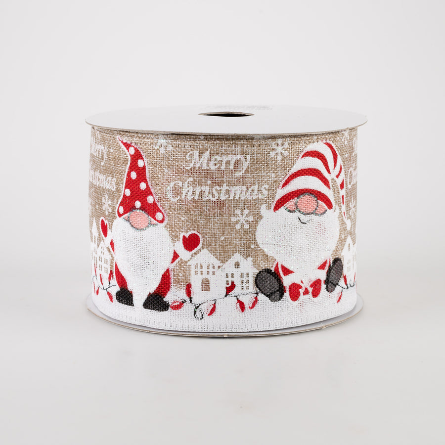 2.5" Linen Merry Christmas Gnomes Ribbon: Natural (10 Yards)