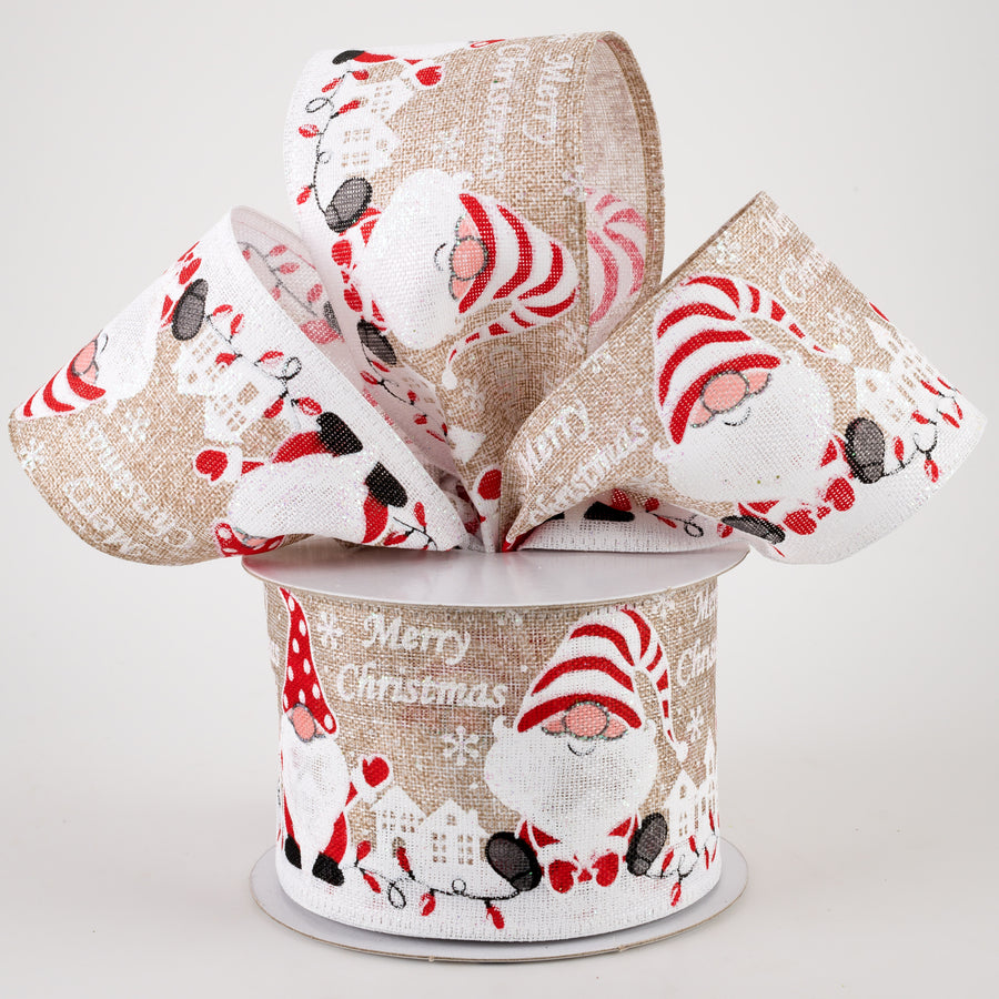 2.5" Linen Merry Christmas Gnomes Ribbon: Natural (10 Yards)