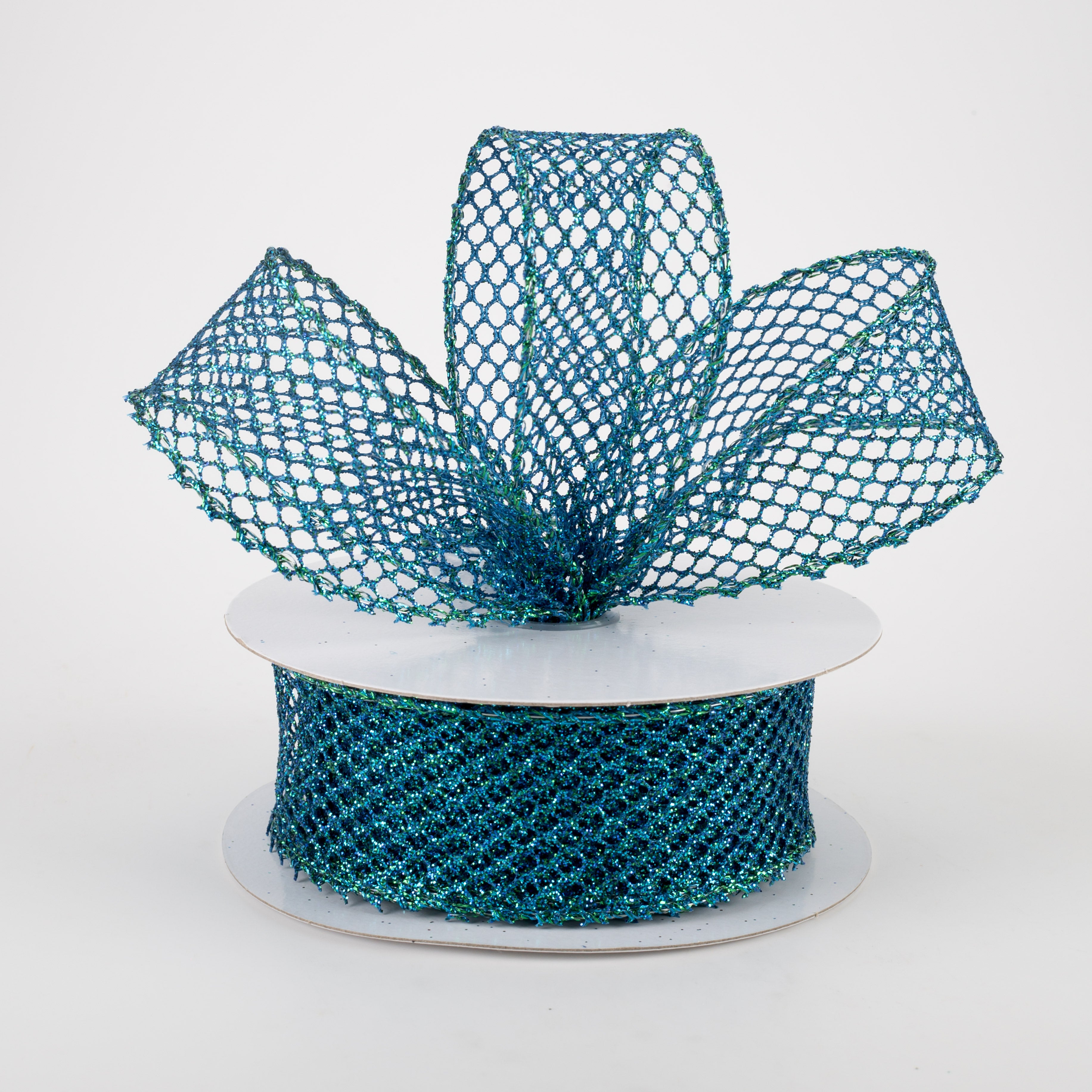 1.5" Glitter Netting Ribbon: Peacock Blue (10 Yards)