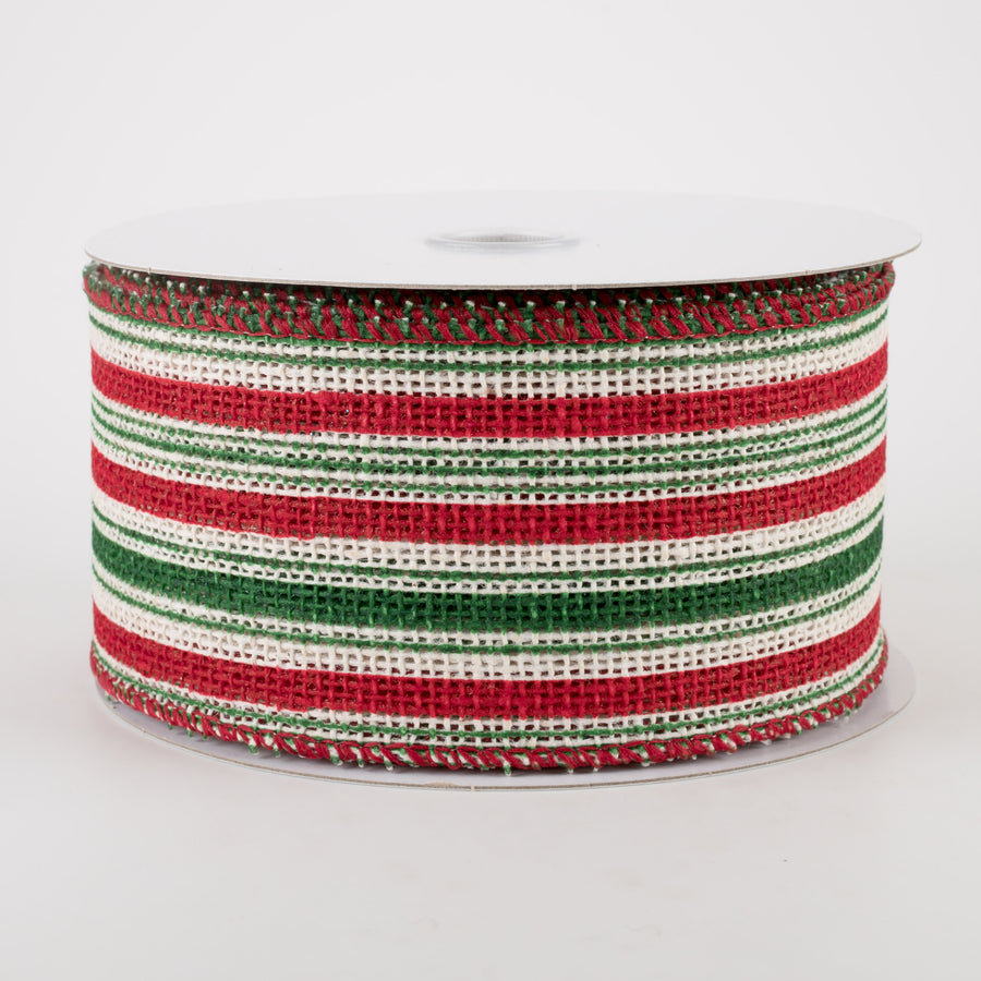 2.5" Burlap Vertical Stripe Ribbon: Green, Red, White (10 Yards)