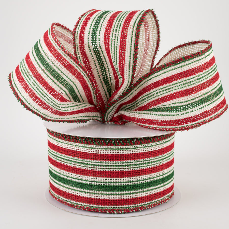 2.5" Burlap Vertical Stripe Ribbon: Green, Red, White (10 Yards)