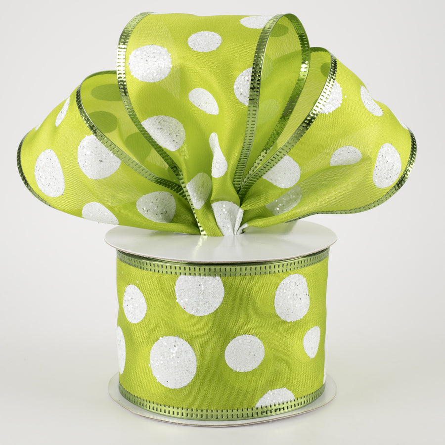 2.5" Glitter Big White Dots Ribbon: Kiwi (10 Yards)