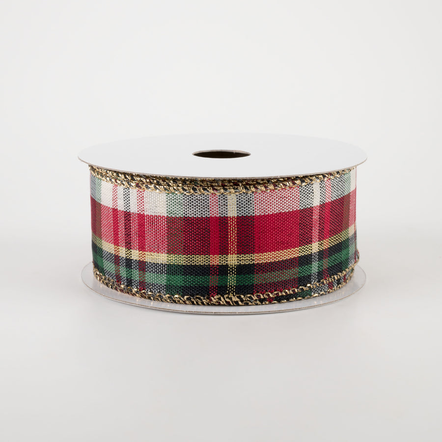 1.5" Lodge Plaid Ribbon: Red, Black, Green, Cream, Gold (10 Yards)