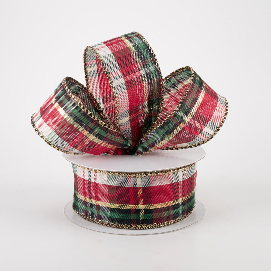 1.5" Lodge Plaid Ribbon: Red, Black, Green, Cream, Gold (10 Yards)
