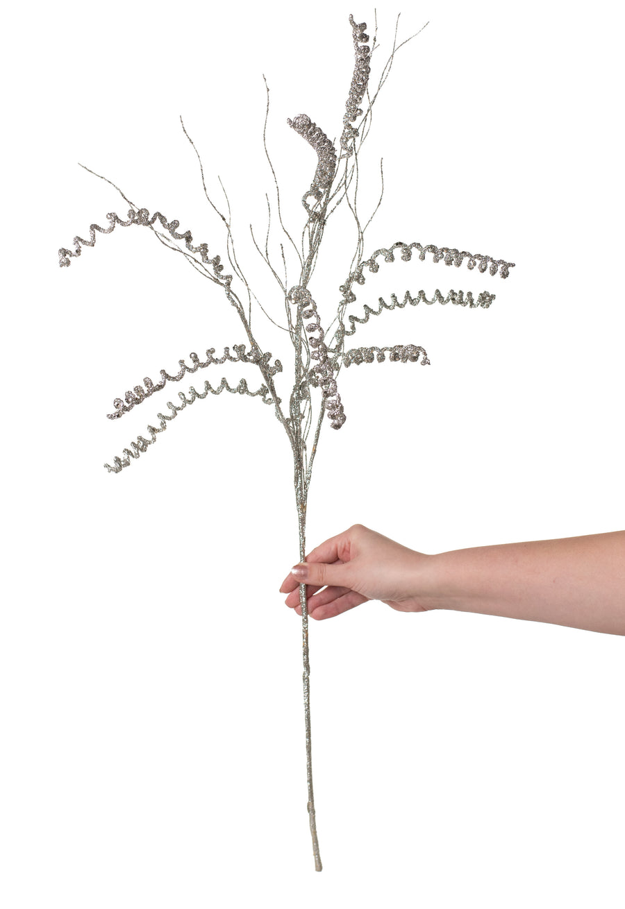 34" Glitter Spiral Grass Spray: Platinum