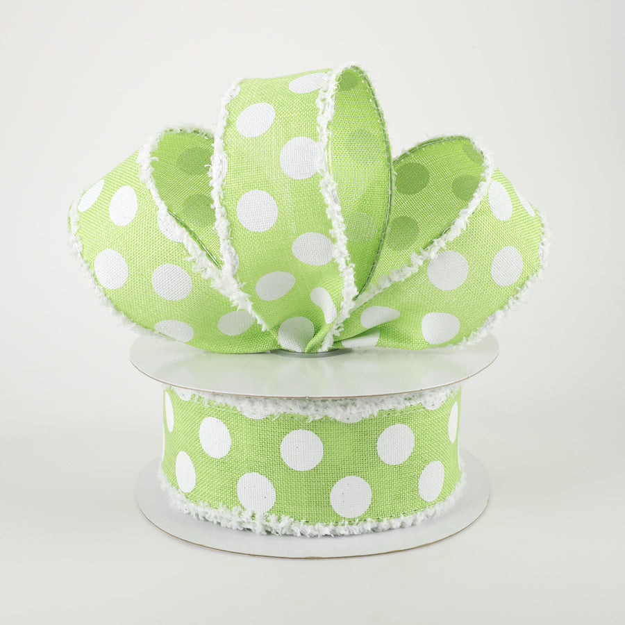 1.5" Medium Polka Dots Fuzzy Edge Ribbon: Bright Green & White (10 Yards)