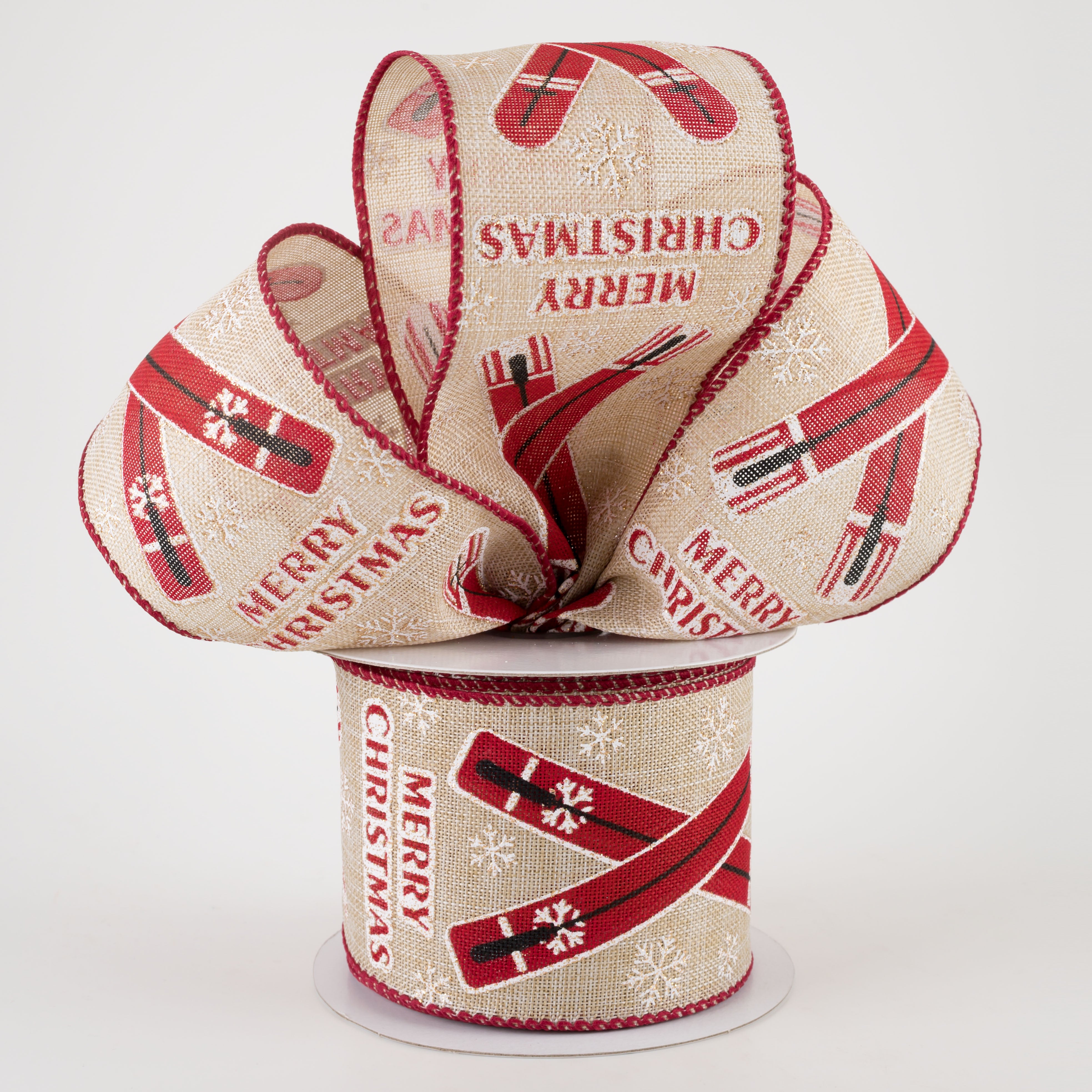 2.5" Natural Linen Merry Christmas Crossed Skis Ribbon (10 Yards)