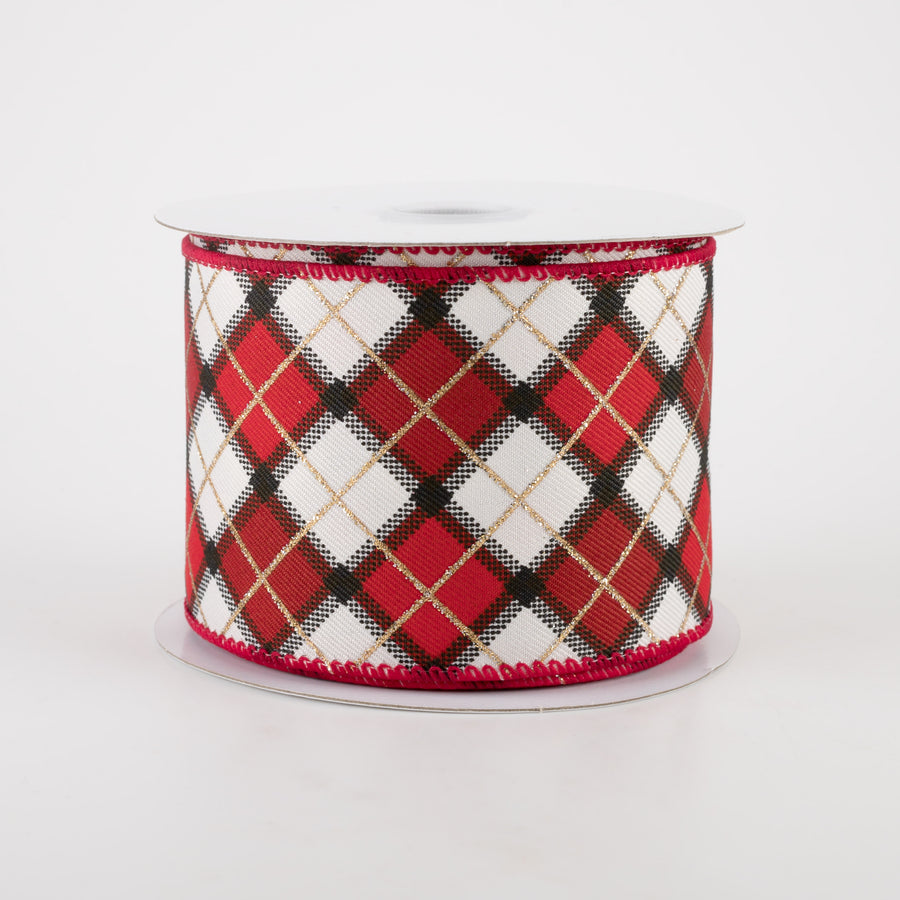 2.5" Claire Plaid Ribbon: Ivory, Red, Black (10 Yards)