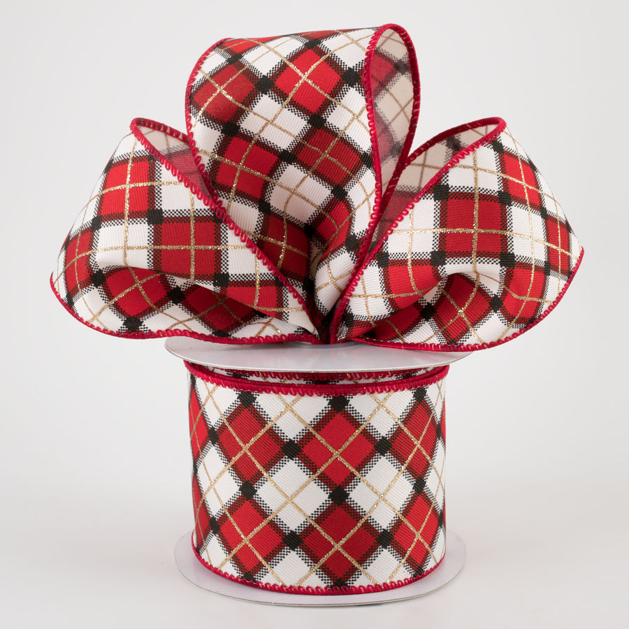 2.5" Claire Plaid Ribbon: Ivory, Red, Black (10 Yards)
