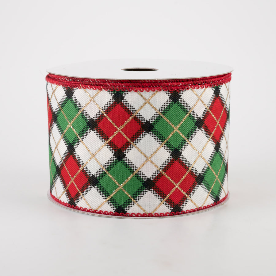 2.5" Claire Plaid Ribbon: Ivory, Red, Green (10 Yards)