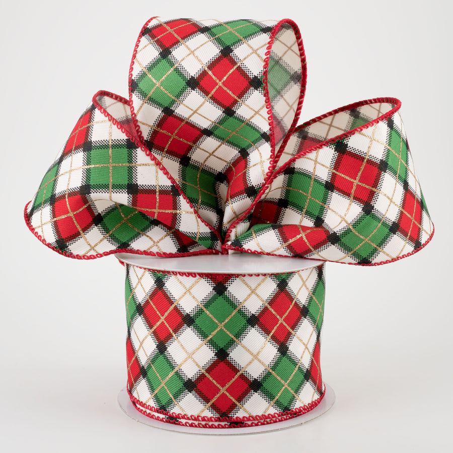2.5" Claire Plaid Ribbon: Ivory, Red, Green (10 Yards)
