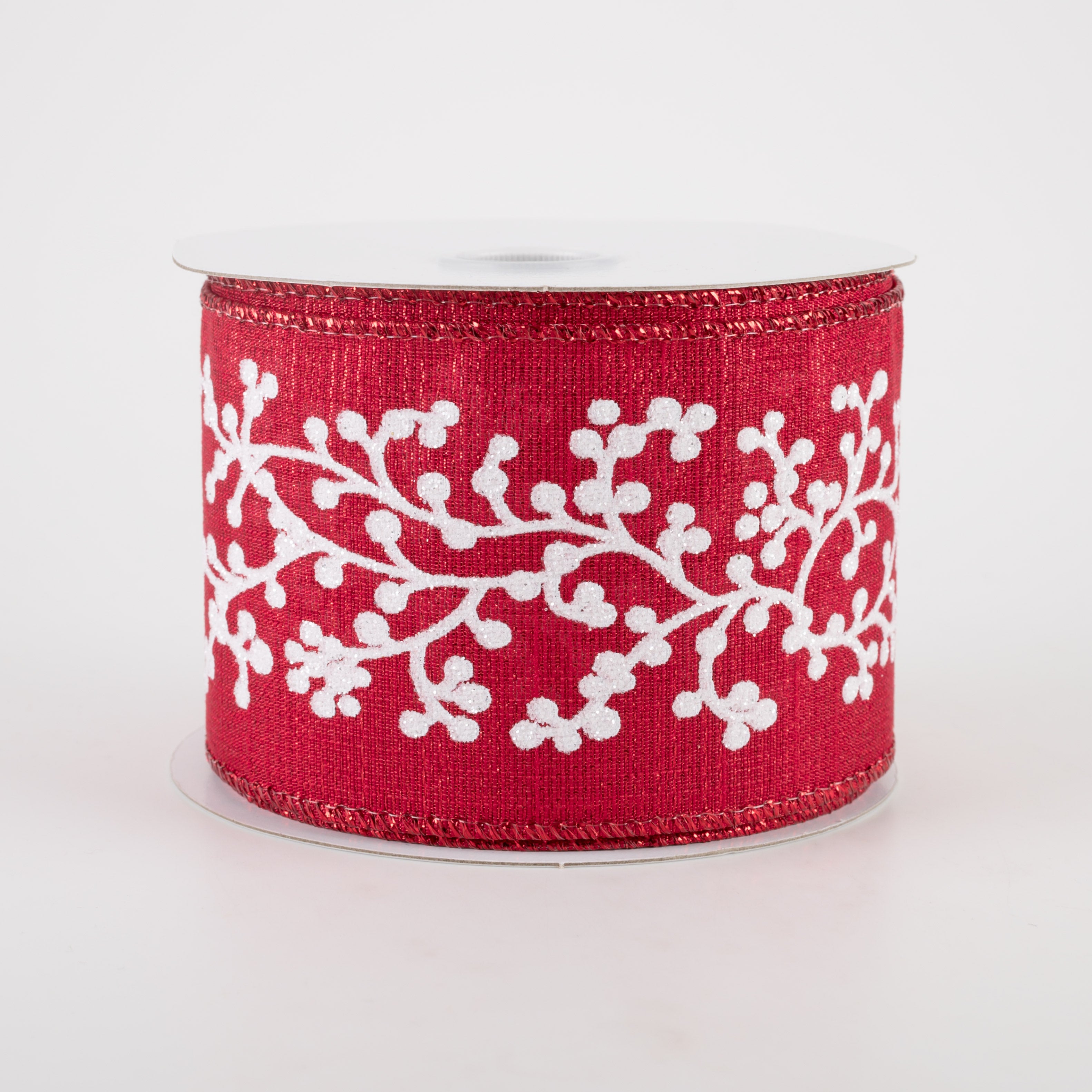 2.5" Red Metallic White Glitter Berry Branch Ribbon (10 Yards)