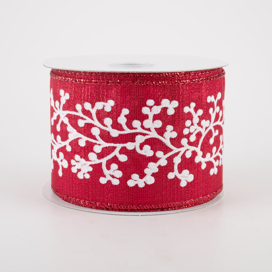 2.5" Red Metallic White Glitter Berry Branch Ribbon (10 Yards)