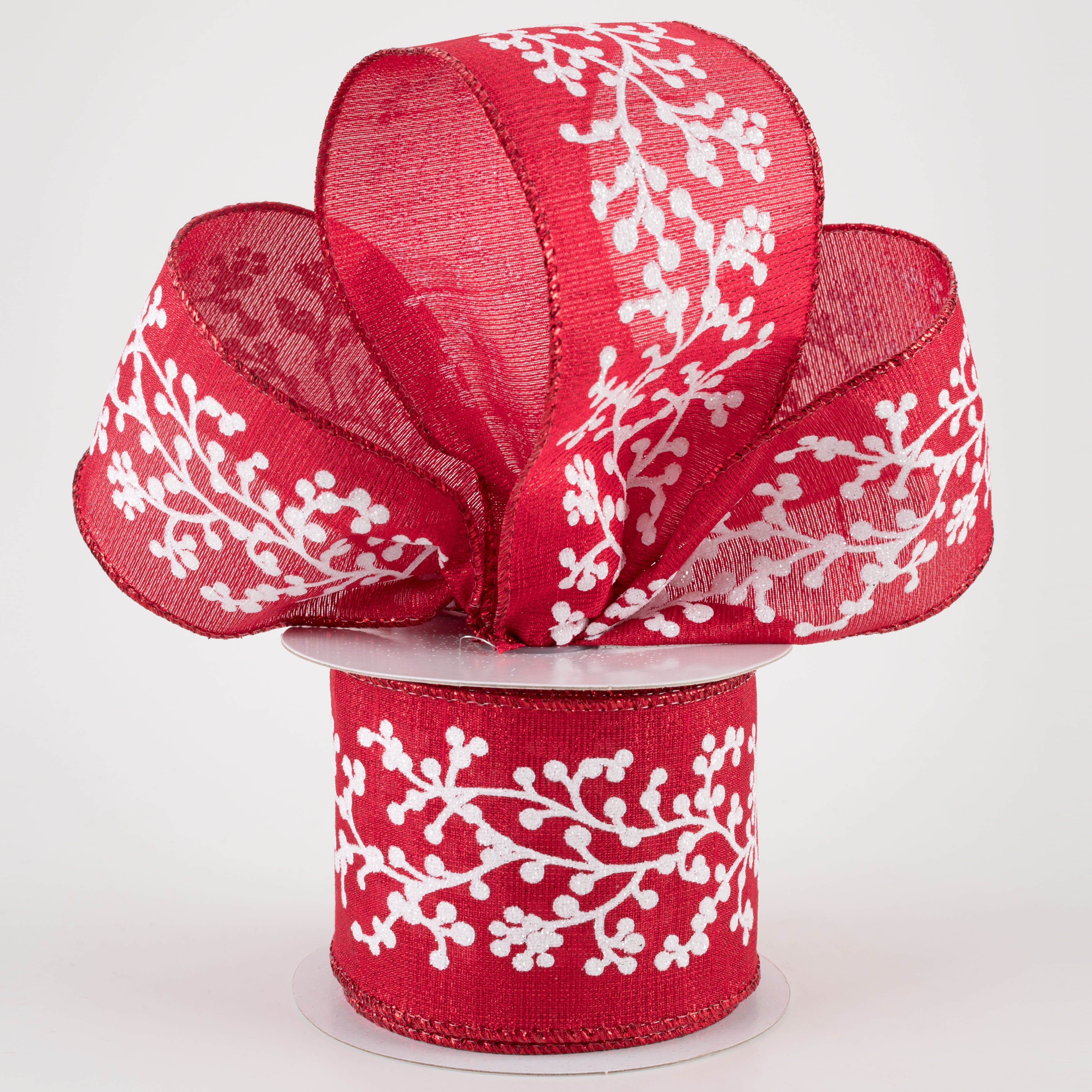 2.5" Red Metallic White Glitter Berry Branch Ribbon (10 Yards)