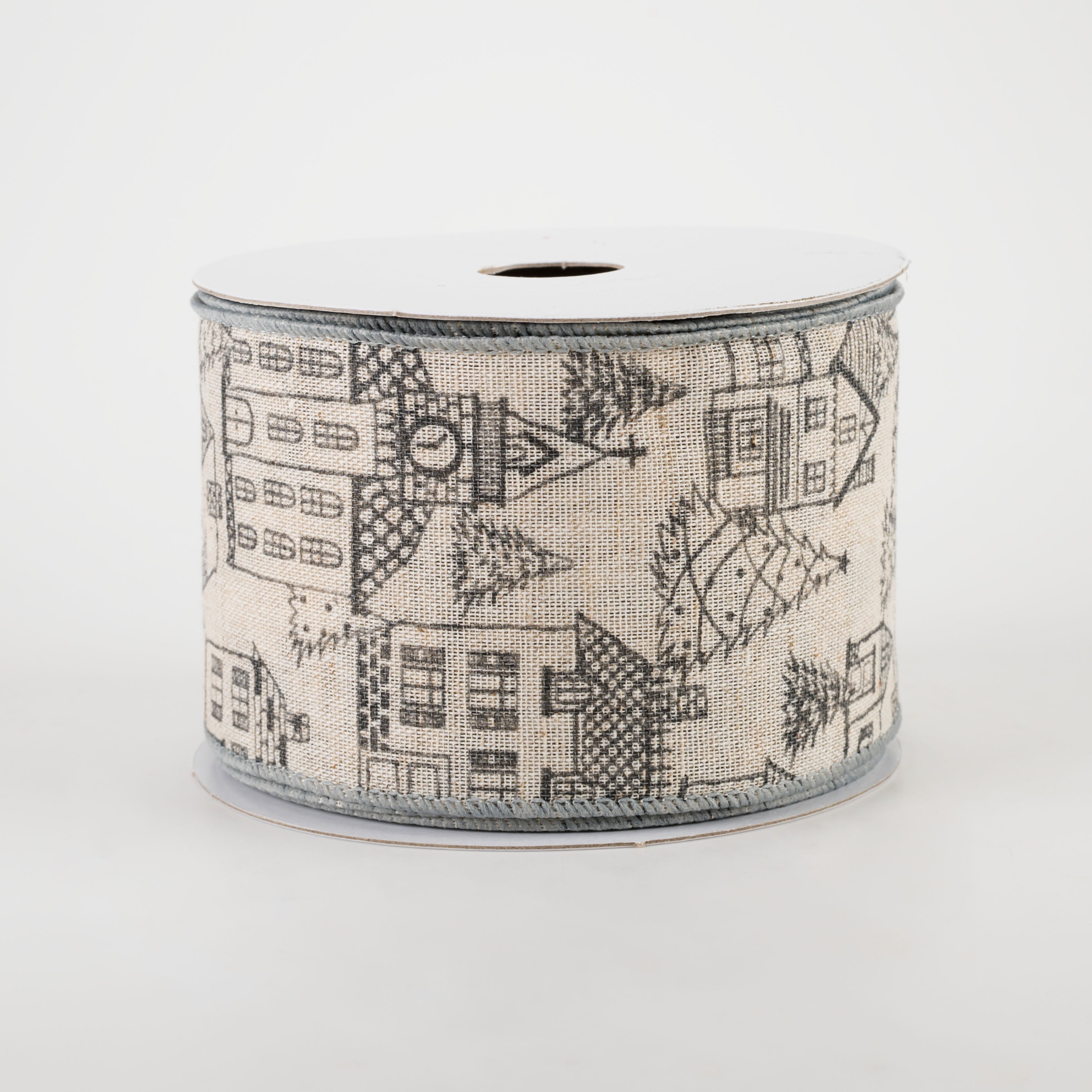 2.5" Ivory Canvas Outlined Houses Ribbon: Grey (10 Yards)