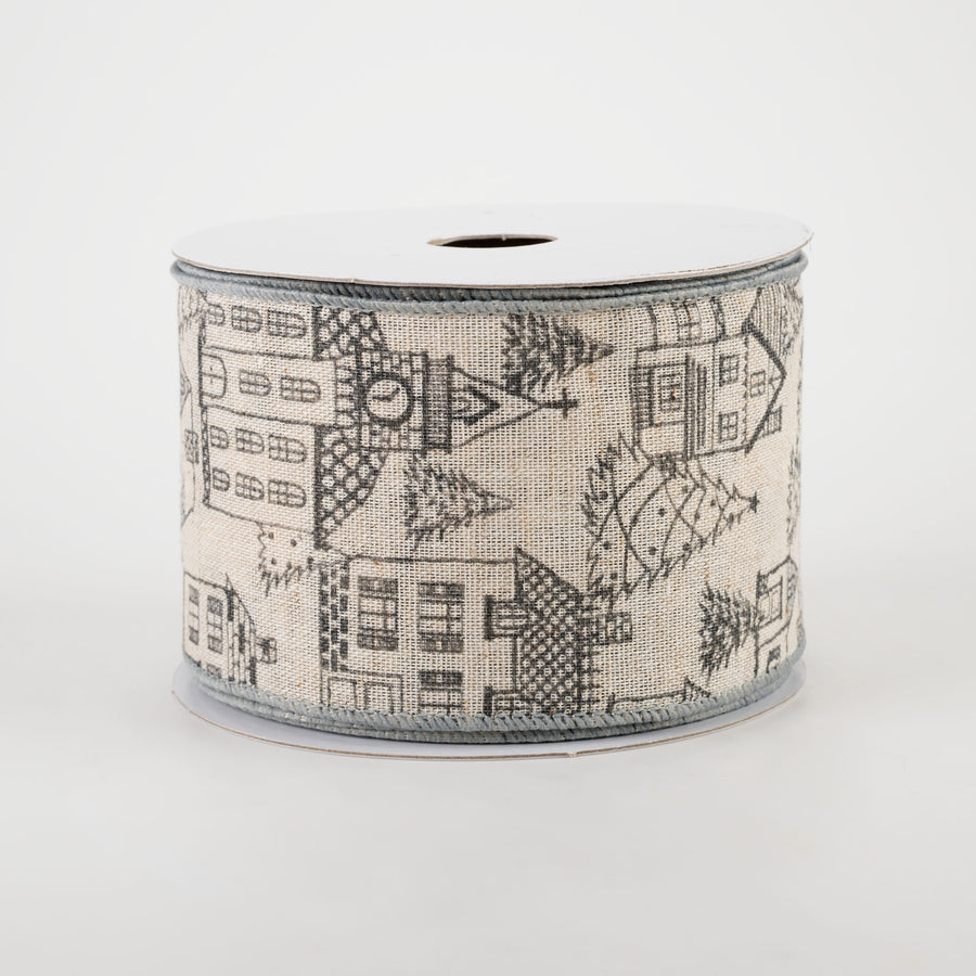 2.5" Ivory Canvas Outlined Houses Ribbon: Grey (10 Yards)