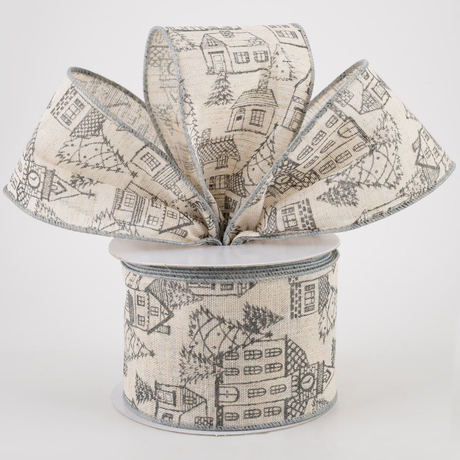 2.5" Ivory Canvas Outlined Houses Ribbon: Grey (10 Yards)